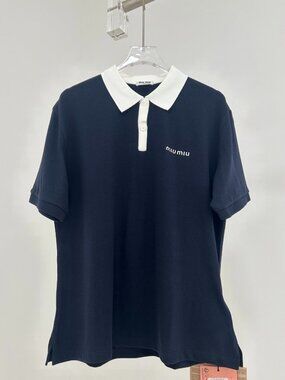 Miu Miu Women's Short-Sleeve Polo Shirt — Navy Blue, Contrasting Collar with Emb
